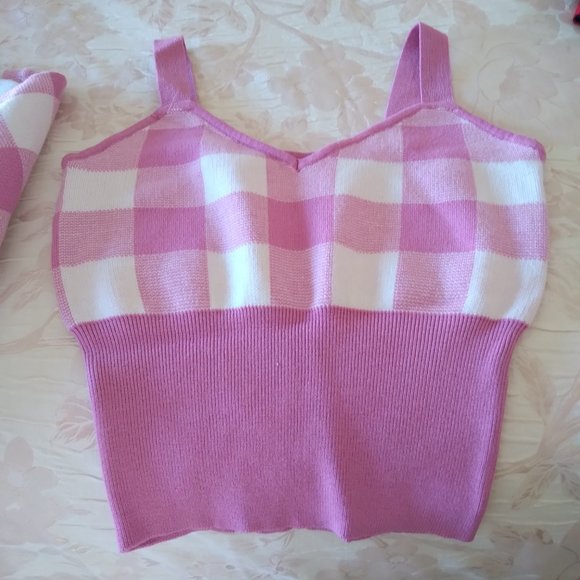 Unique Vintage Sweaters - Summertime Light Pink Gingham Crop Top & Cardigan Sweater SET NWOT